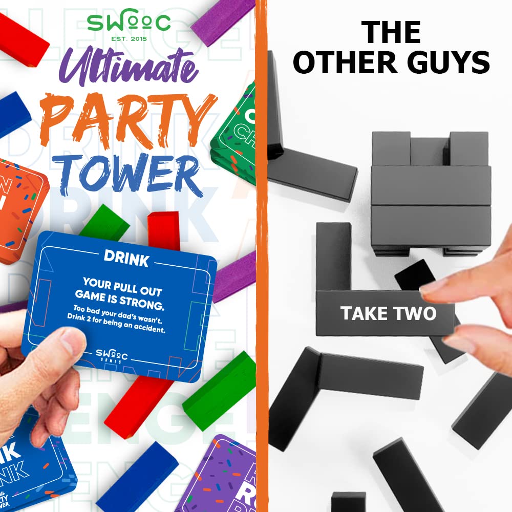 Swooc Games - Ultimate Party Tower - 100 Original Commands, 60 Blocks, & 1000S Of Hilarious Rule Combinations - A Tipsy Spin On Fun Classic Games For Power Hour - Ages 21+ - Wooden Tower Blocks Game