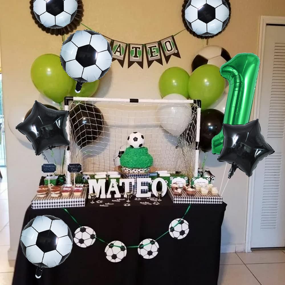 Toniful 32 Inch Soccer Balloons Set 1St Birthday Decoration Green Number 1 Foil Soccer Balloon Black Star Balloons For Children'