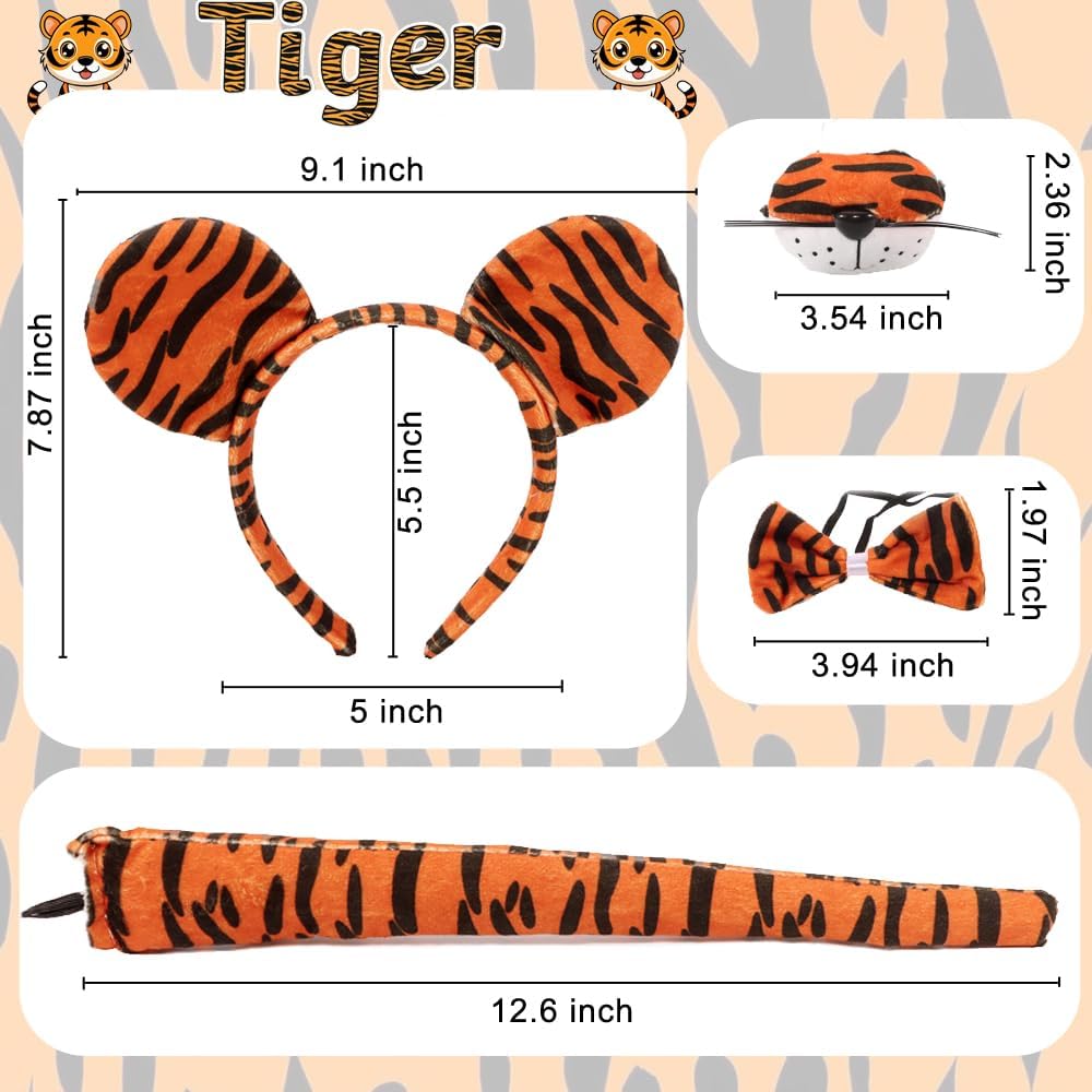 Luxtacular Tiger Costume Set Tiger Accessories Ears Headband Nose Bow Tie Tail Tutu For Women Men Cosplay Birthday Halloween Chr