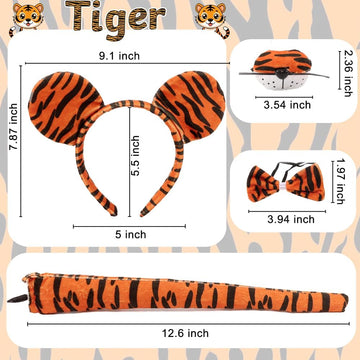 Luxtacular Tiger Costume Set Tiger Accessories Ears Headband Nose Bow Tie Tail Tutu For Women Men Cosplay Birthday Halloween Chr