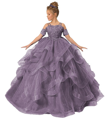 ZPVP Long Girls Pageant Dress Wisteria Flower Girl Dress Princess Ruffles Beaded Appliques Tulle Wedding Party Costumes US8