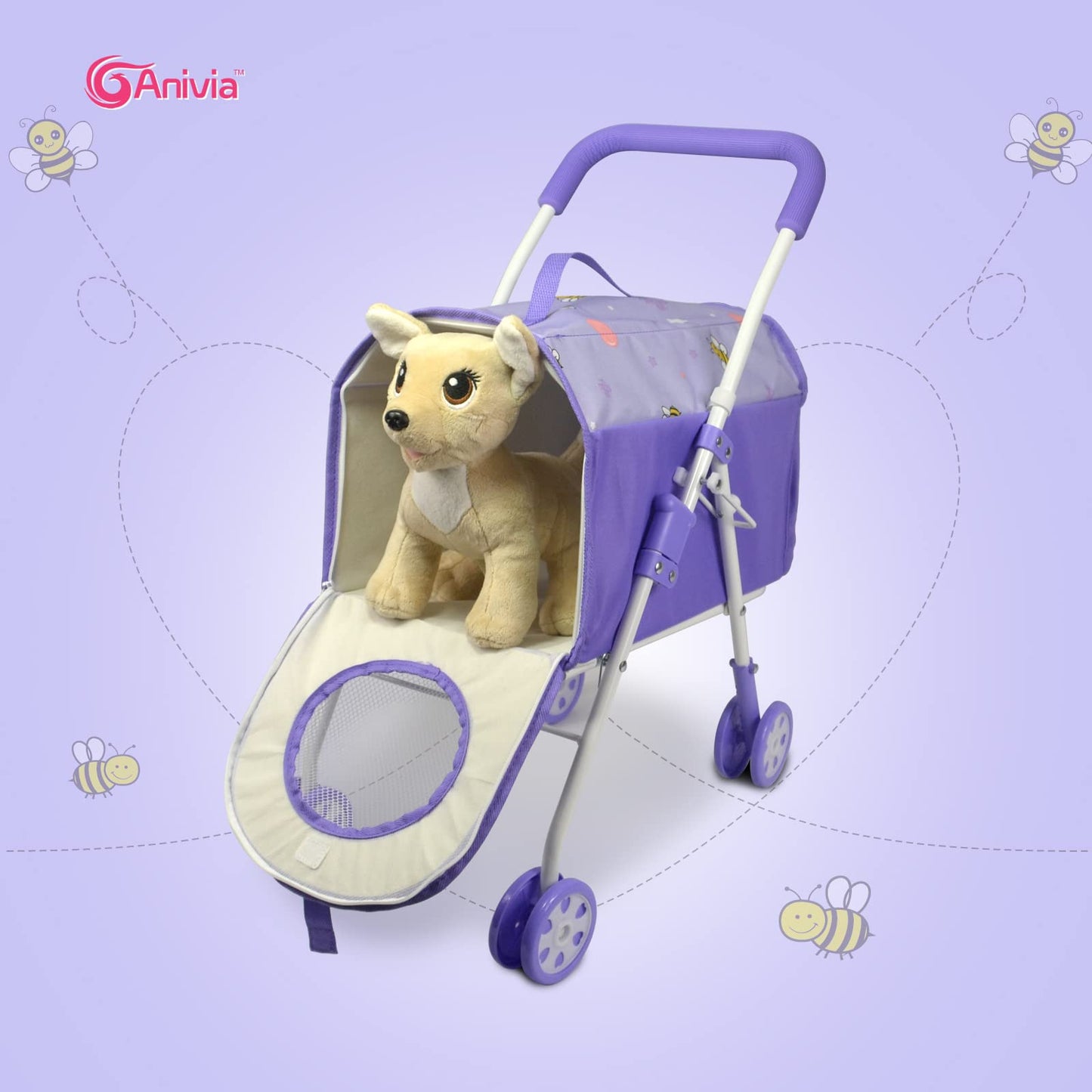 Anivia Pet Stroller And Accessories For Kids Ages 3 To 7 Year Olds, Dog Toy For Toddlers, 2 Pieces Play Dog Set, Puppy Party Playset With 1 Pet Puppy Included Purple