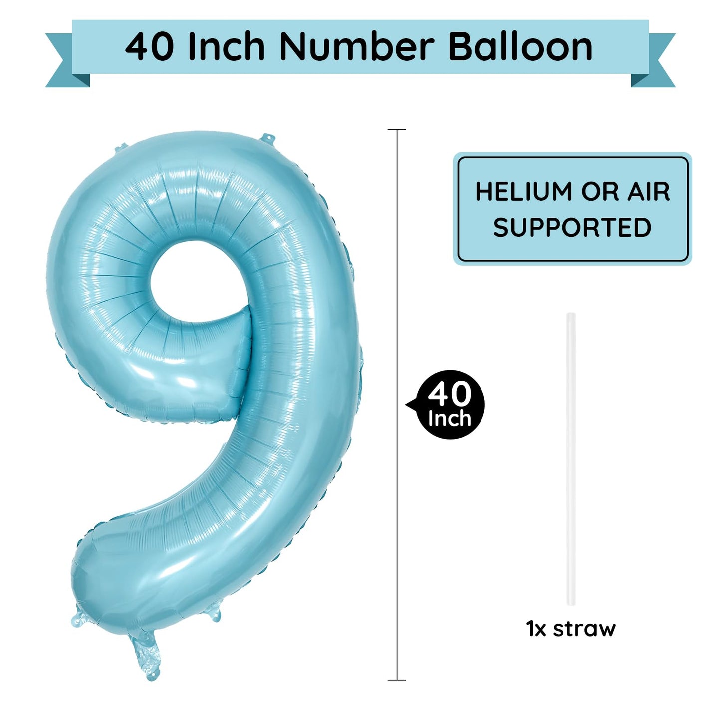 Paticool 40 Inch Blue Number Balloon 9, Large Light Blue Number Foil Mylar Balloons For Birthday Party Celebration Decorations S