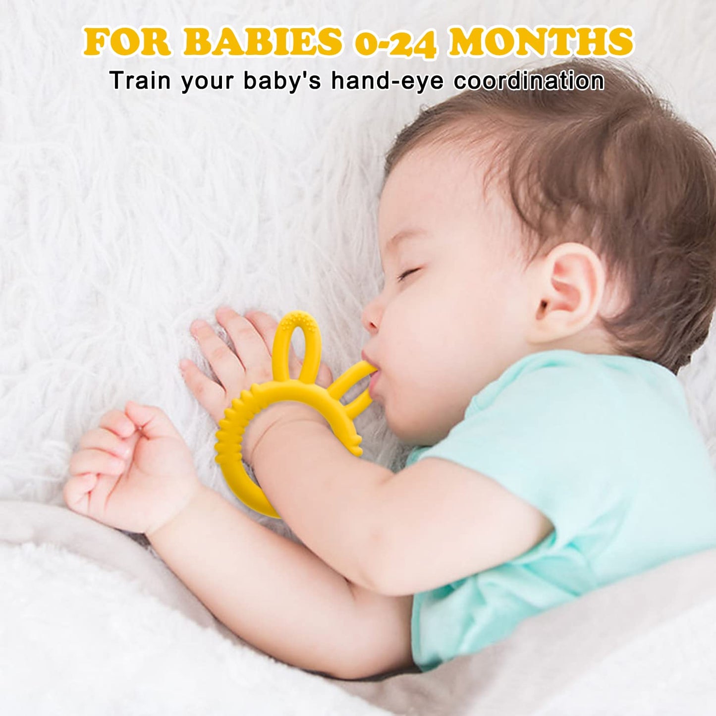 Misslili Silicone Babies Teethers Baby Teething Toys For Soothe Massage Sore Gums For 3-12 Months Infants, Bpa Free, Easter Gifts For Boys And Girls, Ring Shape Rabbit Ear Design (Yellow)