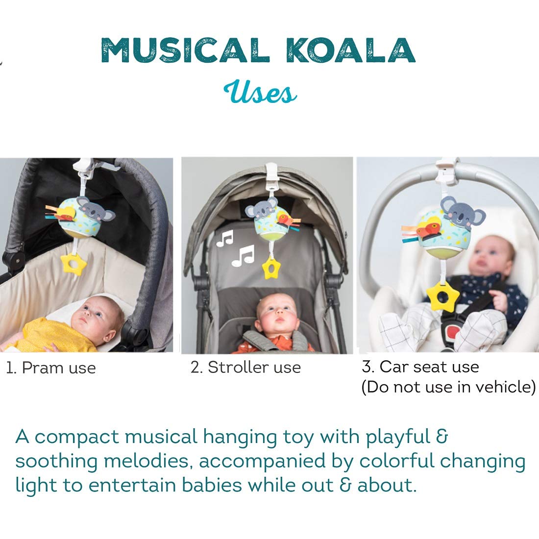 Taf Toys Musical Koala, On-The-Go Pull Down Hanging Music And Lights Infant Toy | Parent And Baby’S Travel Companion, Soothe Baby, Keeps Baby Relaxed While Strolling, For Newborns And Up