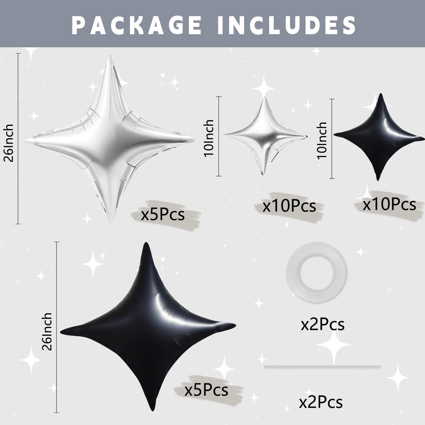 TONIFUL 30Pcs 26In&10In Star Balloons Black and Silver Four Pointed Foil Mini Star Mylar Balloons for Birthday Wedding Baby Show