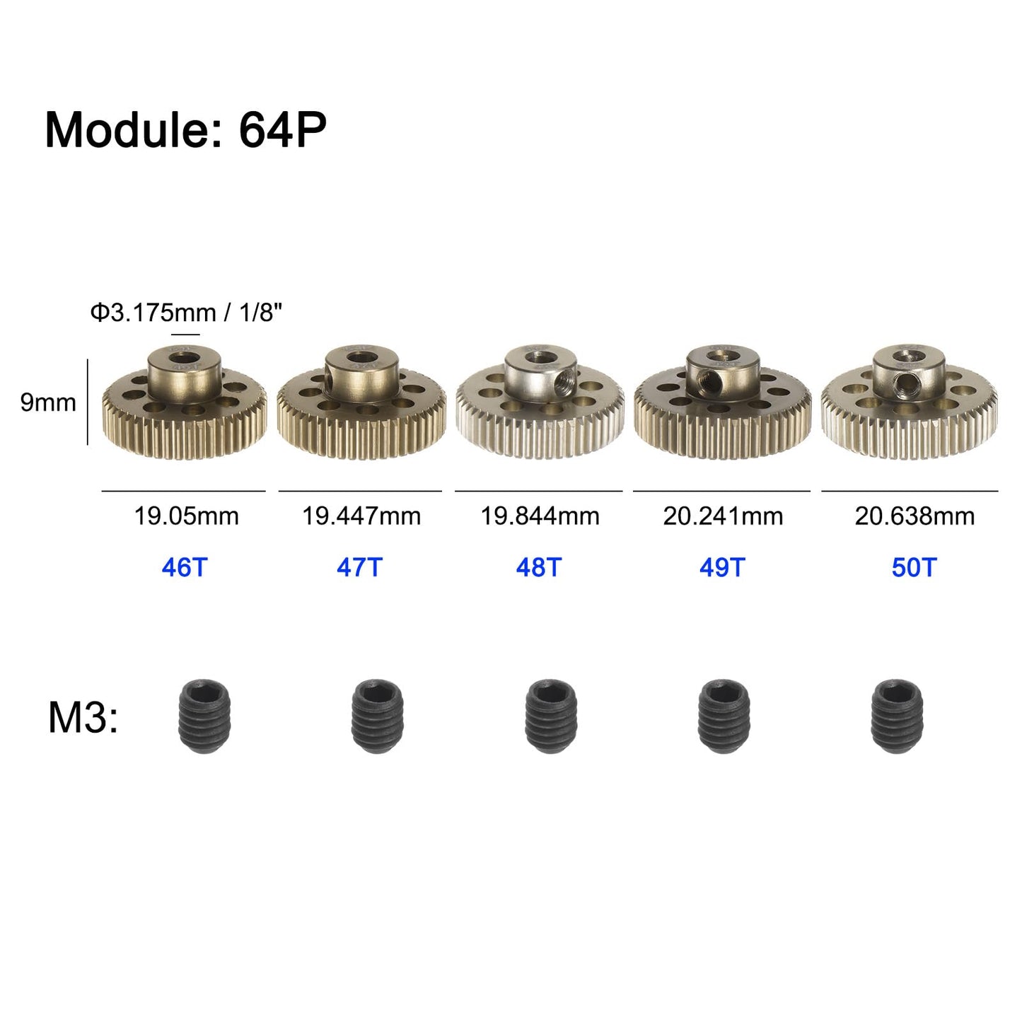 uxcell 64P Pinion Gear Set 3.175mm (1/8'') Shaft 46T 47T 48T 49T 50T Aluminum Alloy Motor Gears with Step for 1/10 RC Car (5pcs)