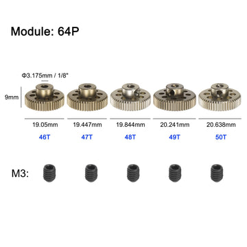 uxcell 64P Pinion Gear Set 3.175mm (1/8'') Shaft 46T 47T 48T 49T 50T Aluminum Alloy Motor Gears with Step for 1/10 RC Car (5pcs)