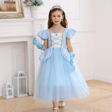 Itvti Princess Cinderella Costume For Girls Kids Cosplay Dress Carnival Halloween Party Outfit, Blue, 5-6 Years