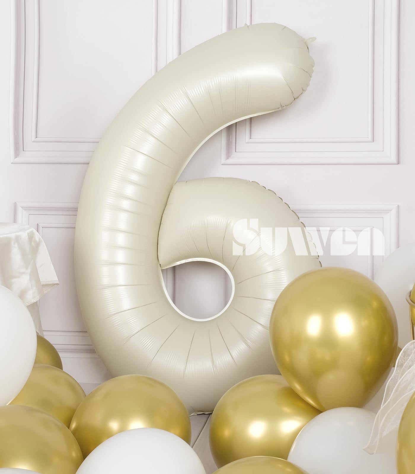 Suwen Cream White 40 Inch Number Balloon 6, Safe Material, Jumbo Mylar Birthday Party Decorations For Boy Or Girl Anniversary Pa