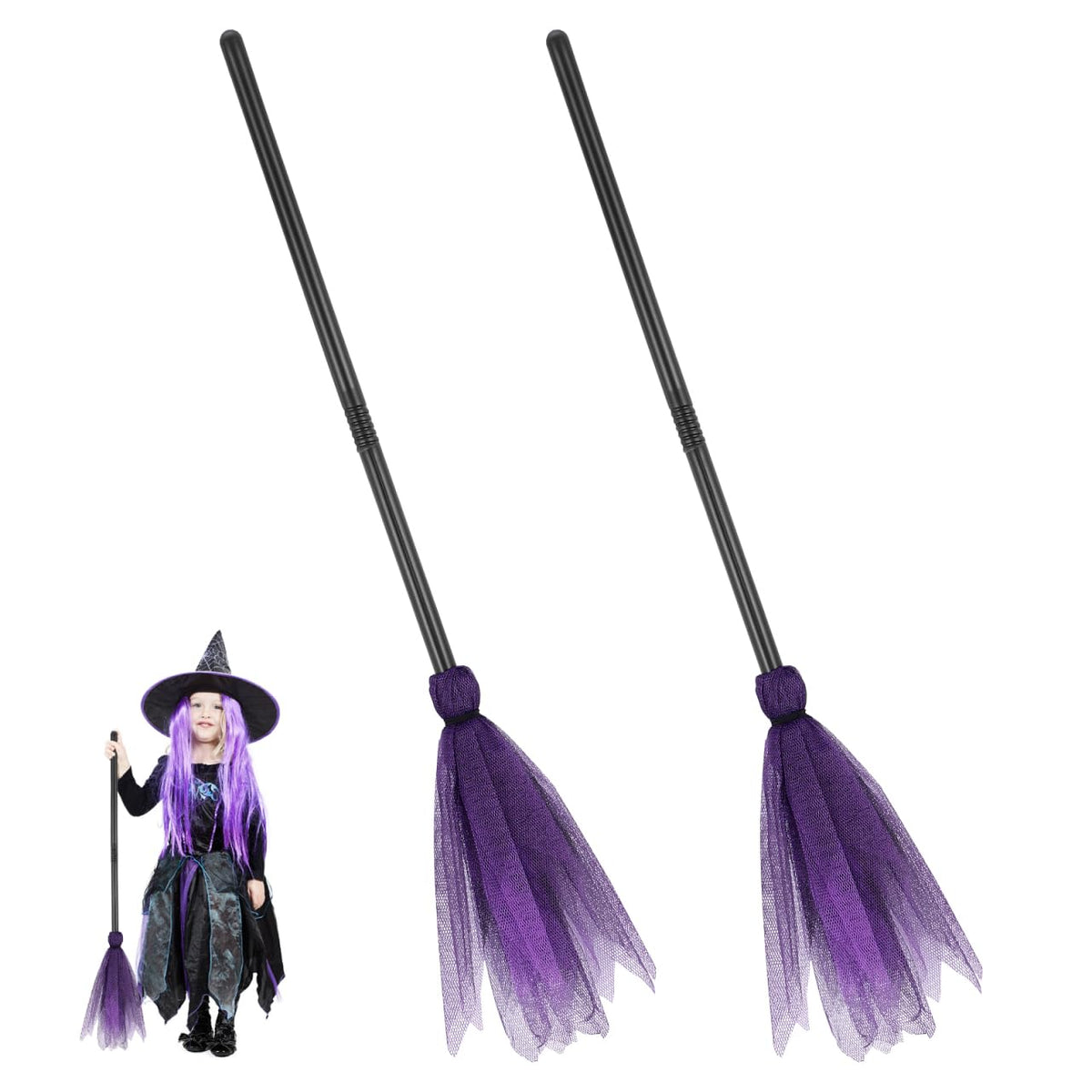 FAVOMOTO 2PCS Halloween Witch Broom Purple Mesh Witches Broomstick Prop
