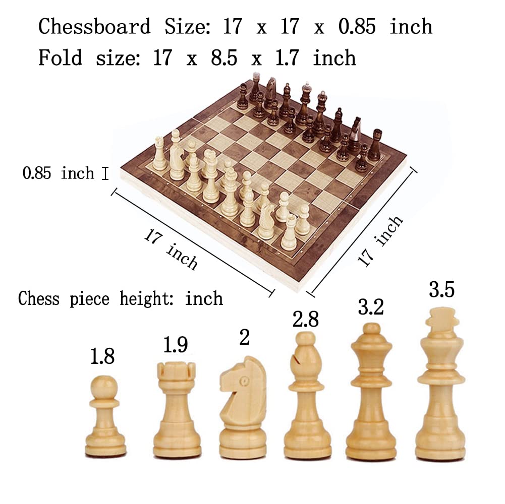 Chess Set,Folding Storage Wooden Chess Board Sets,17' Wooden Chess,3 In 1 Chess Board Game For Adults And Kids (Chess,Backgammon,Checkers)