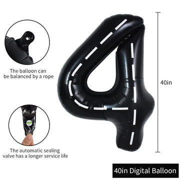 Toniful Race Car Black Balloons Car Birthday Party Supplies,40 Inch Giant Jumbo Helium Foil Mylar Big Number 4 Digital 4 Balloon