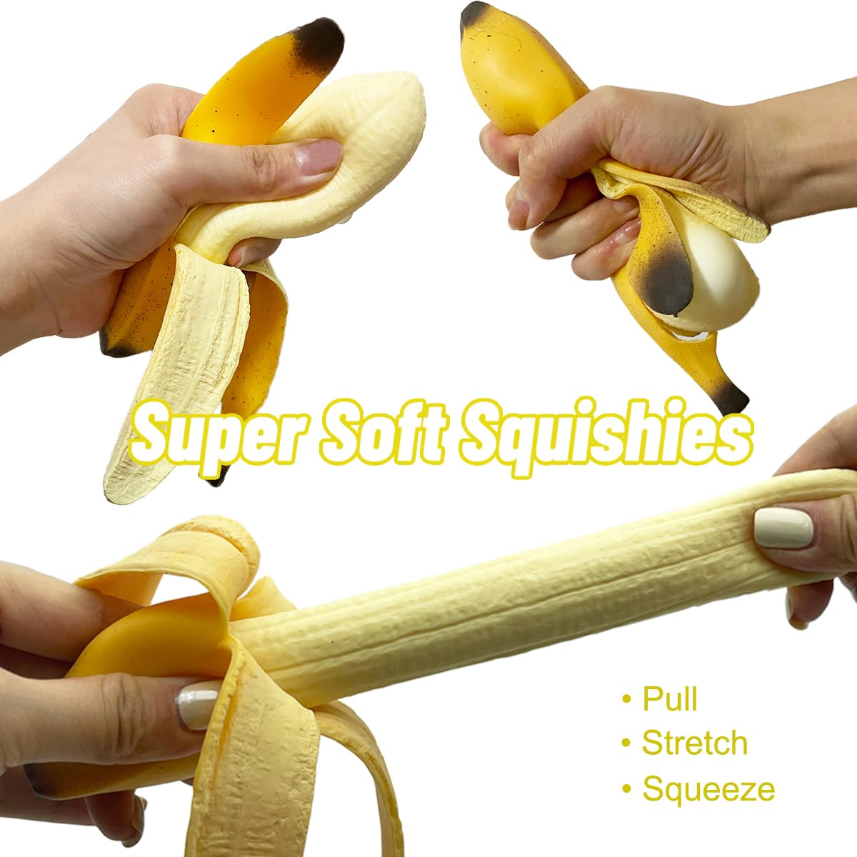 Eutreec Squishy Banana Squeeze Toys, Soft TPR, 2-Pack, Peeled Banana, Stress Relief for Kids and Adults