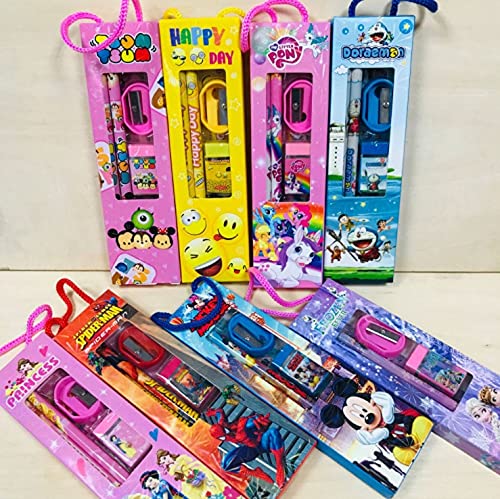 Sanjis Enterprises Kids Cartoon Print Stationary Set Girls Boys Pencil Rubber Ruler Sharpener Cute Cartoon Stationery Set School