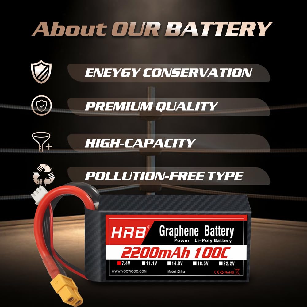 HRB Graphene 2S 2200mAh Lipo Battery 100C 7.4V XT60 RC Lipo Battery Compatible with RC Car RC Truck RC Boat RC Airplane RC Helic