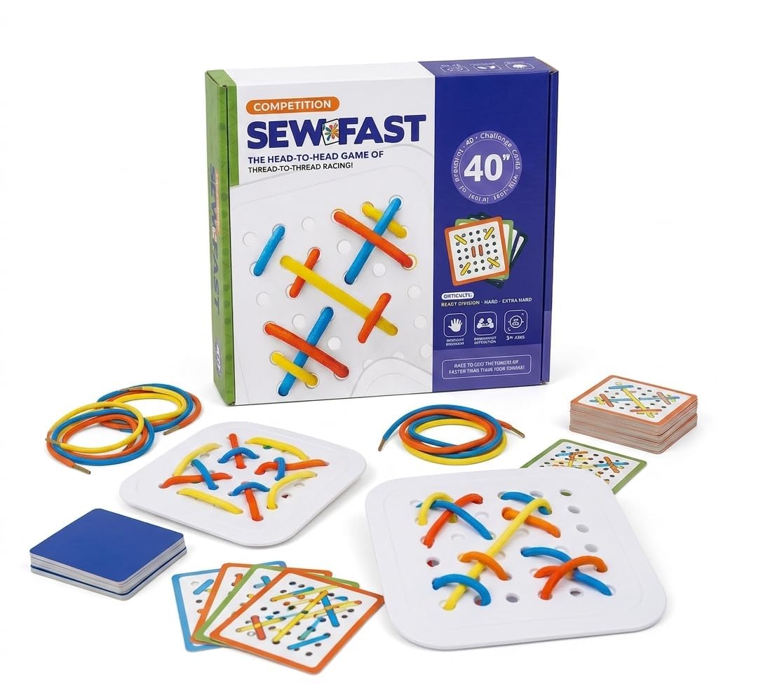 Sew Fast Threading Board Game For Kids, Lacing Pattern Matching Puzzle Set With 40 Challenge Cards And Colorful Shoelaces, Fine 