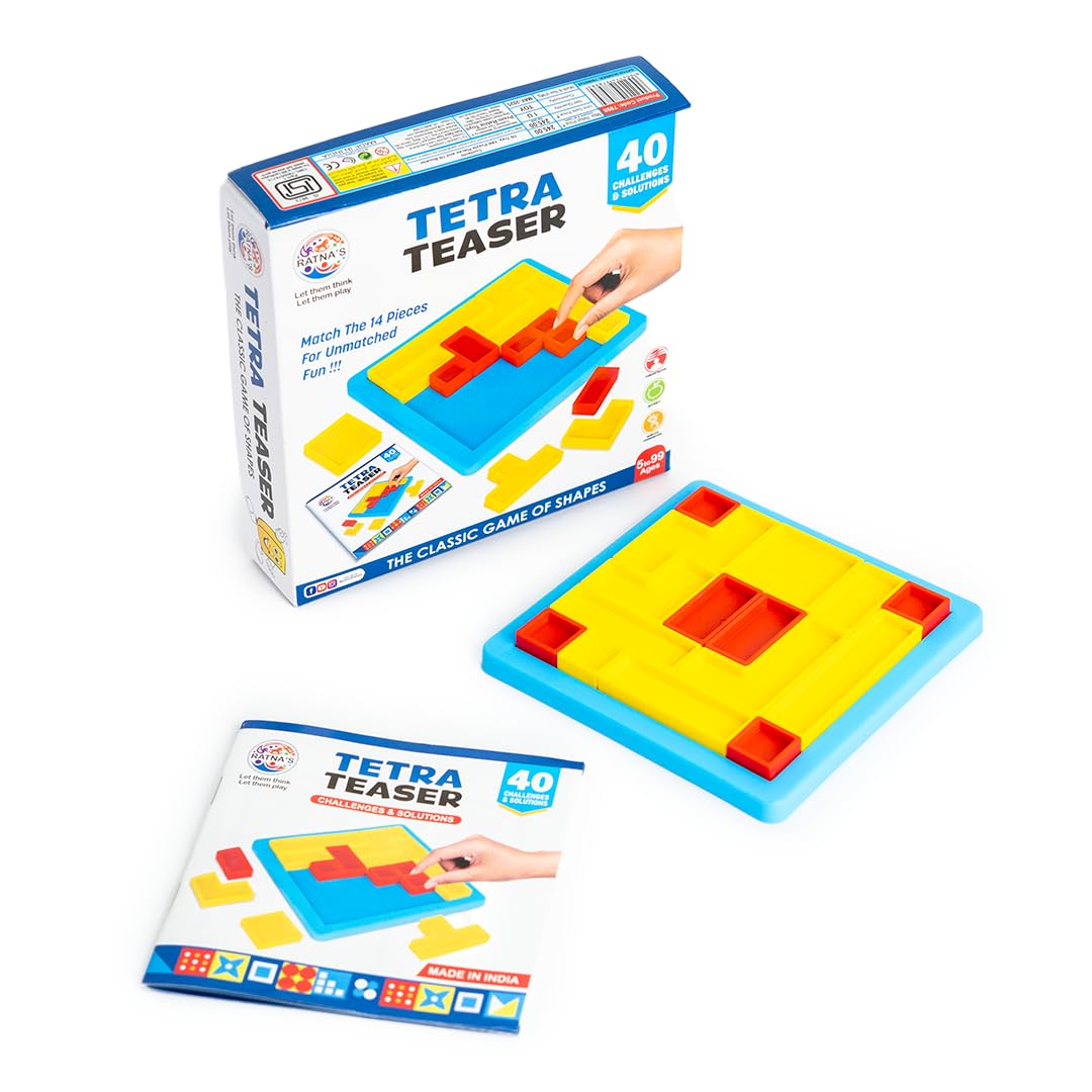 Ratnas Tetra Teaser, Classic Shape Puzzle Game, 40 Challenges, 12 x 12 cm Board, Mind Challenging Family Game for All Ages