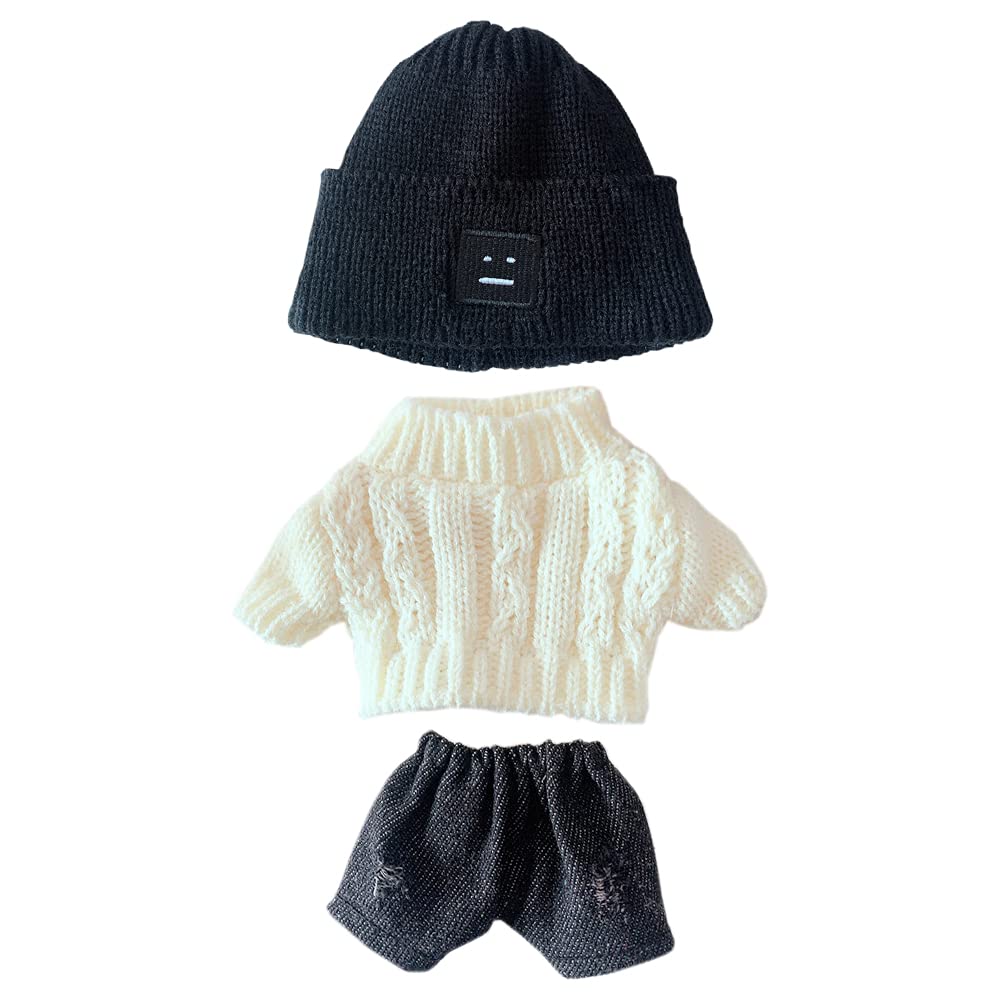 Niannyyhouse Doll Clothes Suit 7.8In/20Cm Plush Doll Clothes Hat + Sweater + Shorts 3-Piece Set Doll Dressup Square Face Hat Denim Shorts White Sweater (Black)