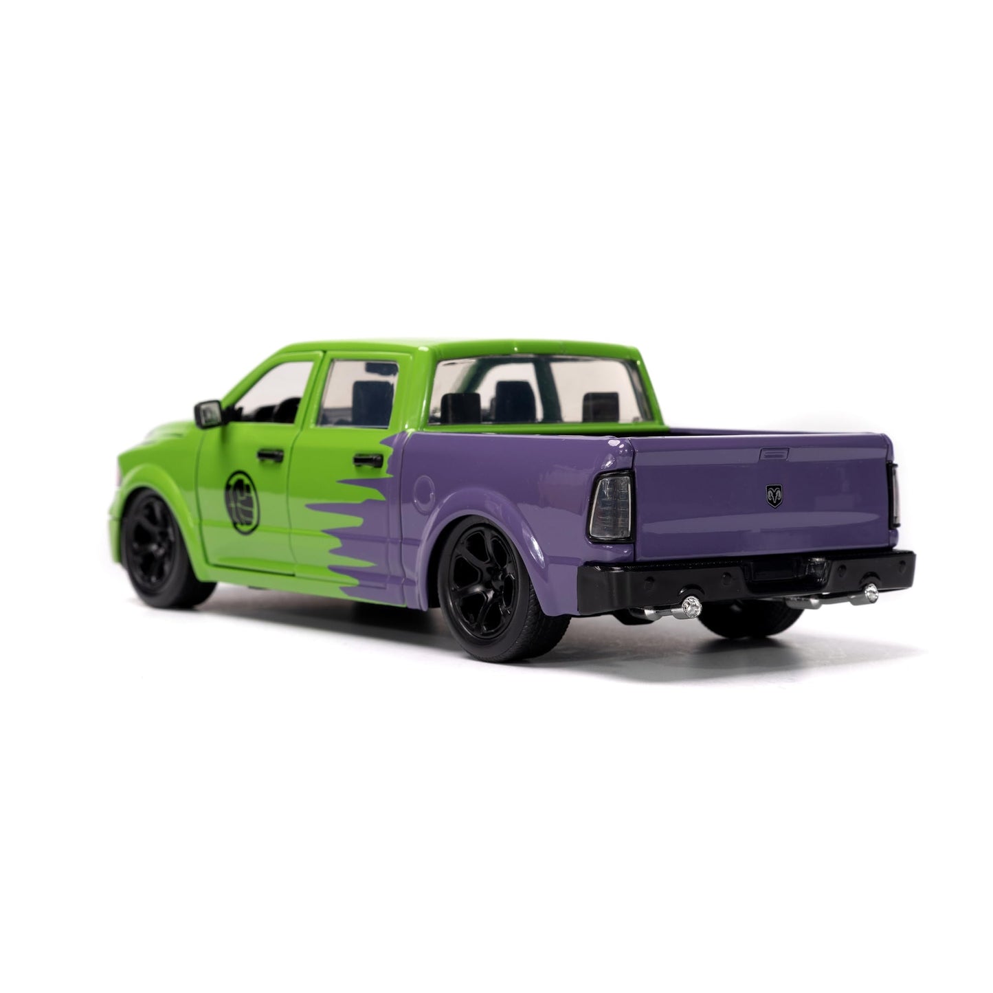 2014 RAM 1500 Pickup Truck Green and Purple and Hulk Diecast Figure Marvel Avengers Hollywood Rides Series 1/24 Diecast Model Ca