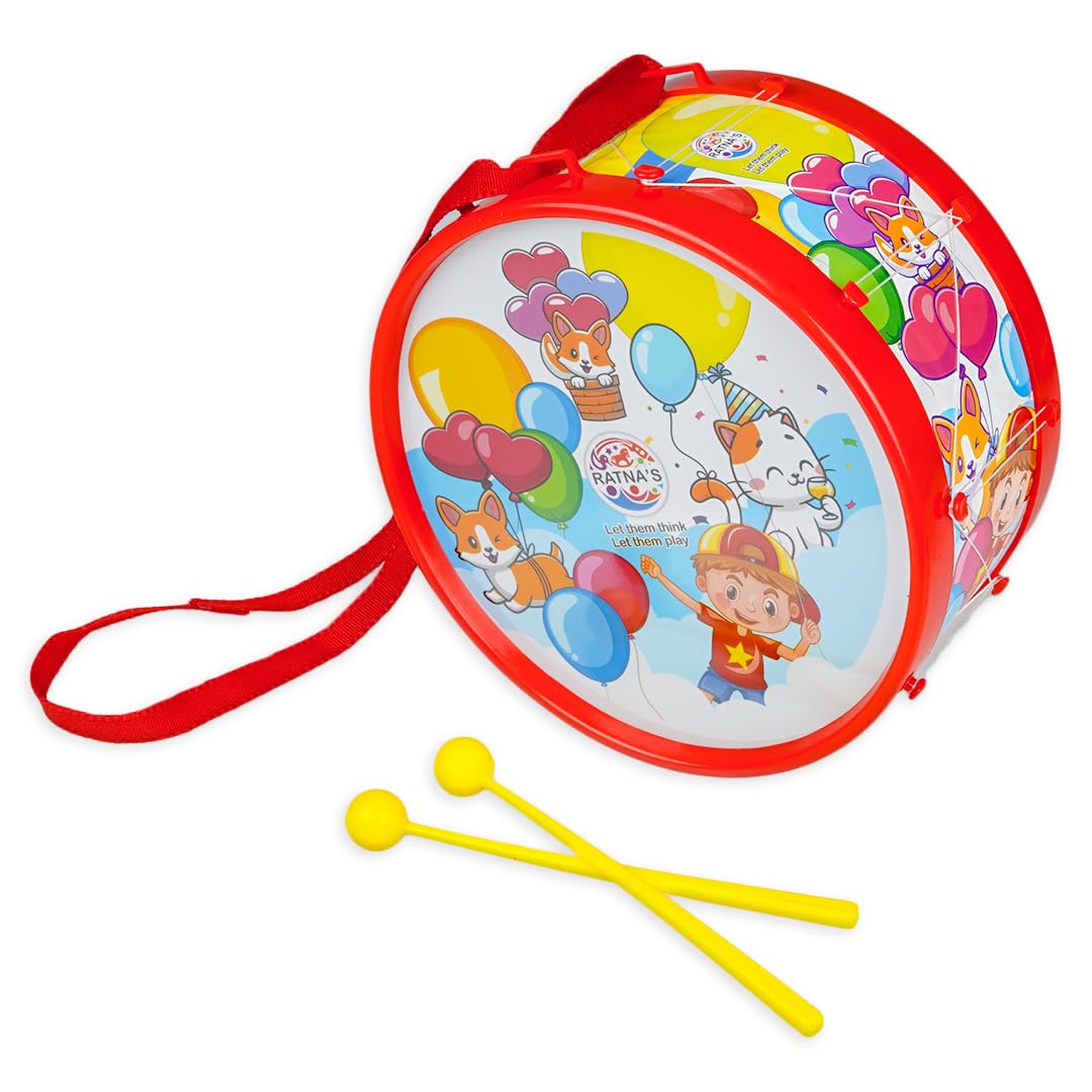 RatnaS Rhythm Musical Drum Senior Kids Musical Drum Set With 2 Sticks & Hanging Strap, Colorful Animal Designs, Educational Toy