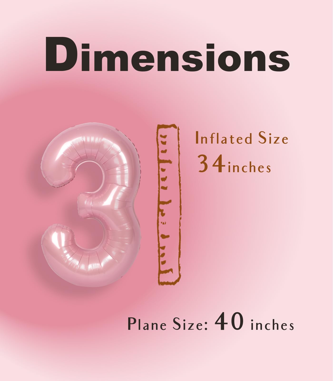 Suwen 40 Inch Pink Large 3 Number Balloons Big Foil Helium Number Balloons 0-9 Jumbo Happy 3Rd Mylar Birthday Party Decorations