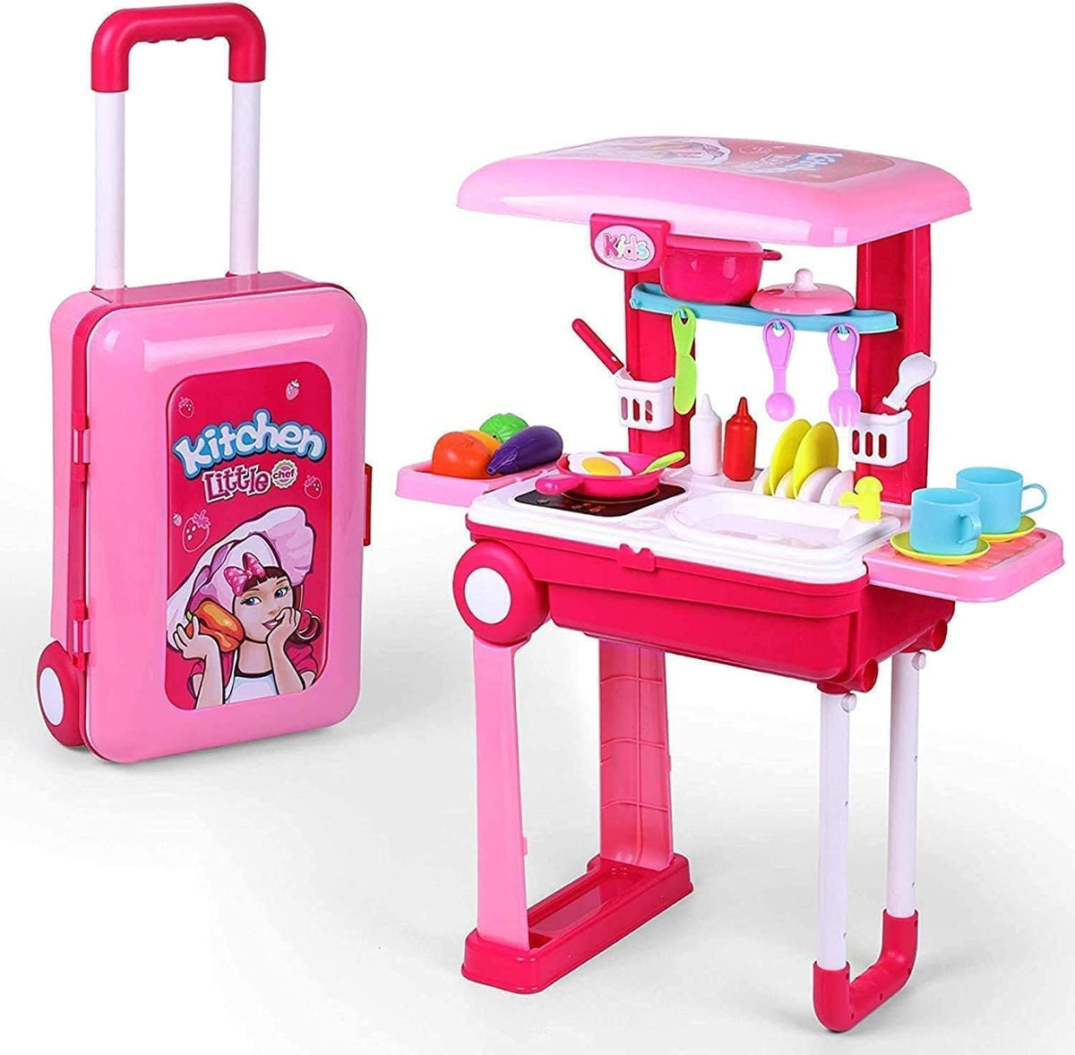 Teksbar Little Chef 2 in 1 Kitchen Play Set, Pretend Play Luggage Kitchen Kit for Kids with Suitcase Trolley Carrycase and Acces