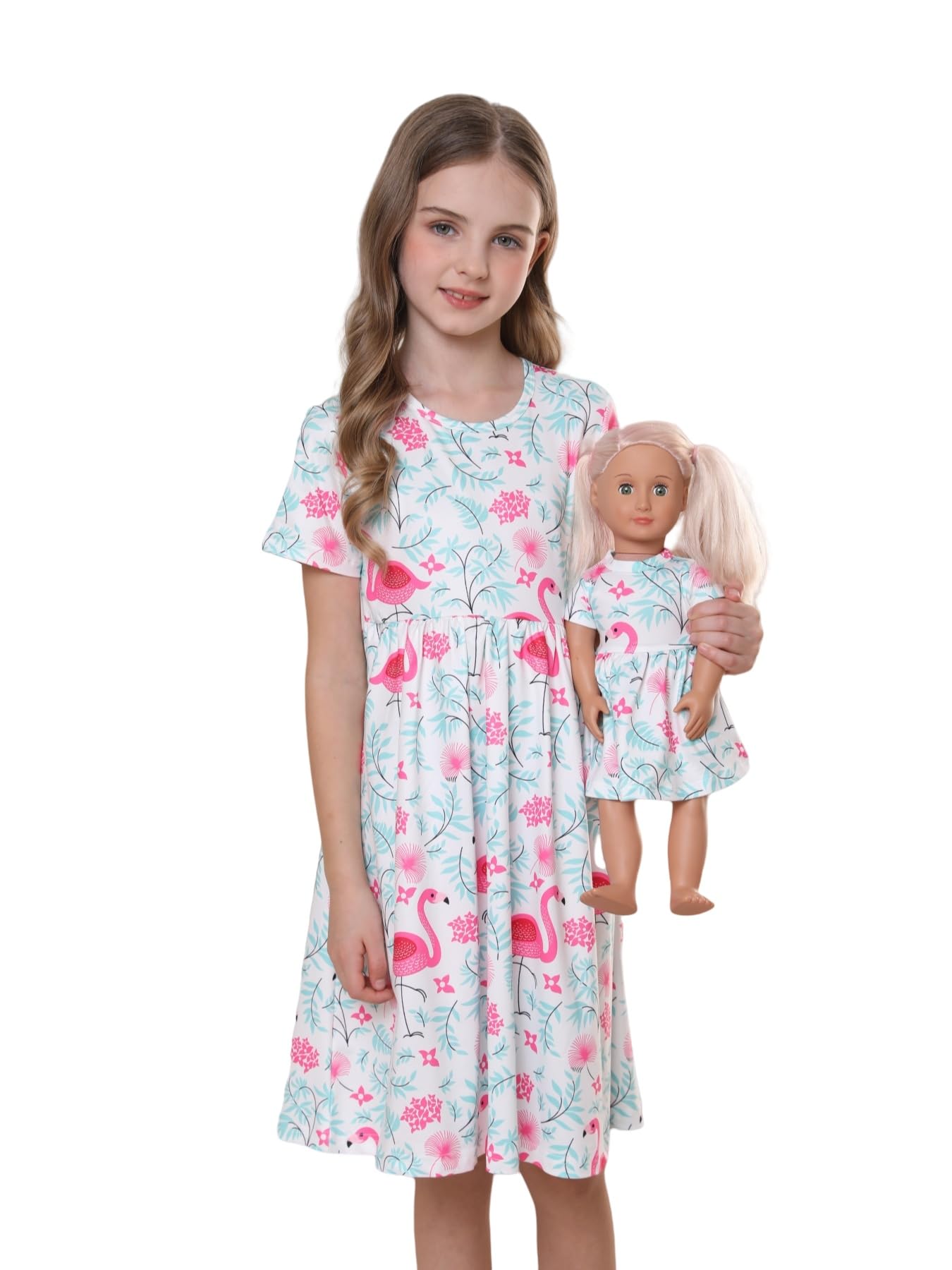 Bow Dream Girls Cute Pattern Dress And Matching American Girl Doll Clothes Accessories For Girls Flamingo Size 120