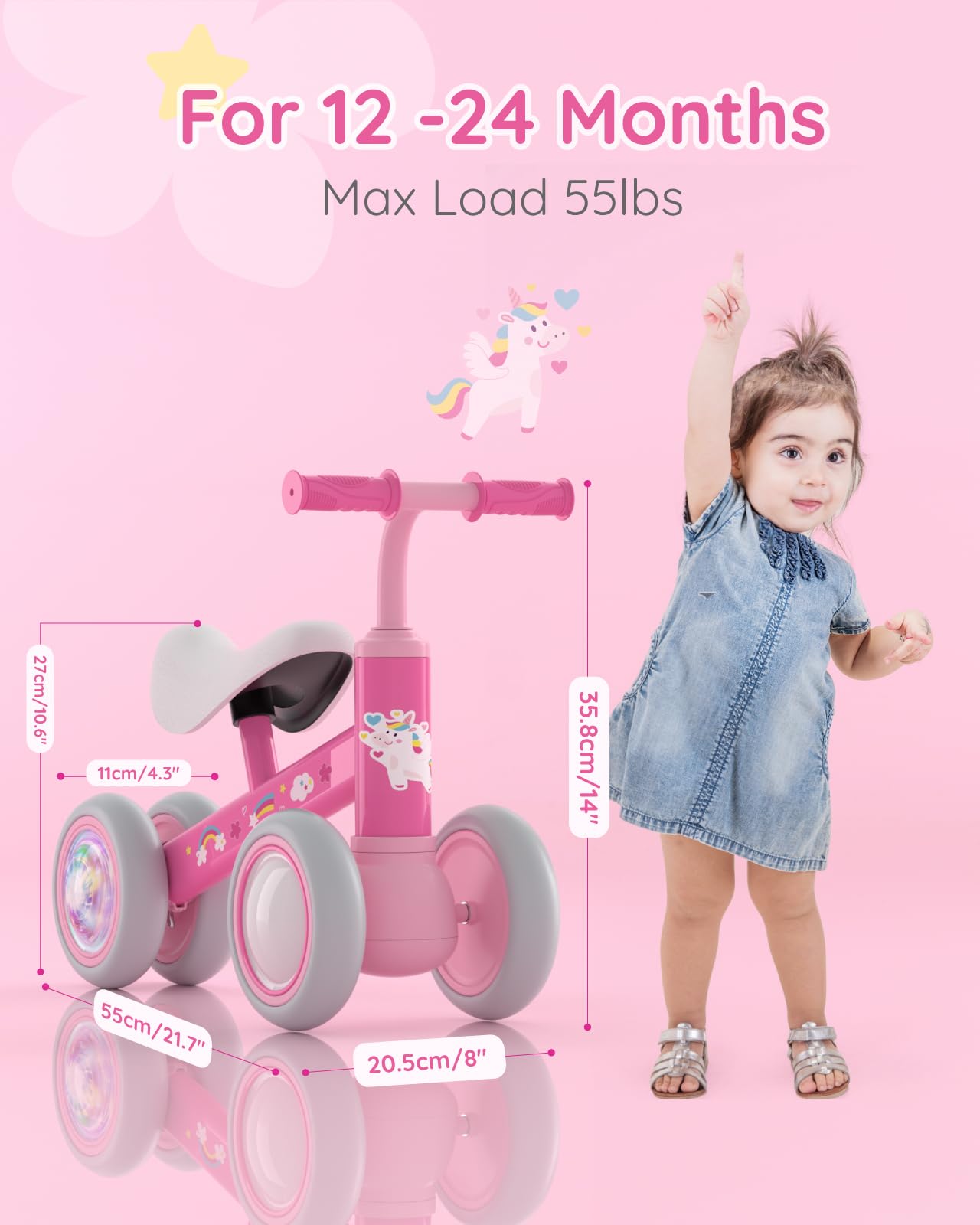 Lilian&Gema Colorful Lighting Baby Balance Bike For 1 Year Old Boys Girls, 12-24 Months Toddler Balance Bike, No Pedal 4 Wheels