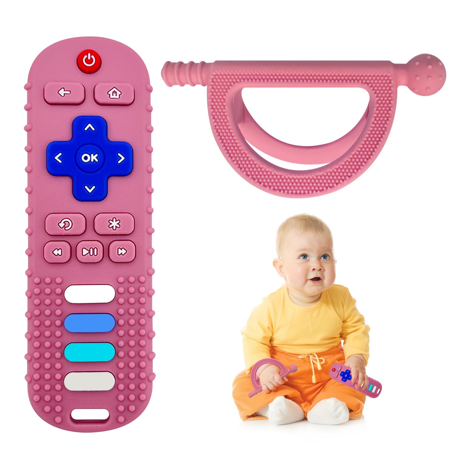 Yapromo 2Pcs Baby Teething Toy, Tv Remot Control Shapeteether For Infant 18+ Months, Never Drop Silicone Chew Toy, Food Grade Si
