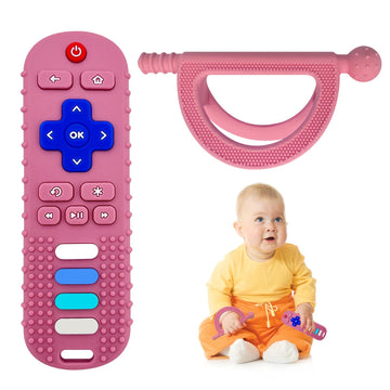 Yapromo 2Pcs Baby Teething Toy, Tv Remot Control Shapeteether For Infant 18+ Months, Never Drop Silicone Chew Toy, Food Grade Si
