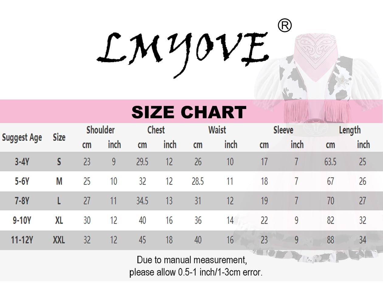 Lmyove Cowgirl Halloween Costume For Girls, Role Play Party Dress Up Outfit For Kids (Large, Pink & White)