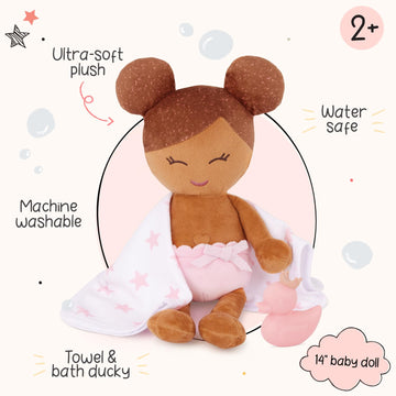Lullababy - 14-Inch Water-Safe Bath Doll - Olive Skin Tone & Light-Brown Hair - Toddler Bath Toys - Towel & Bath Ducky Accessori