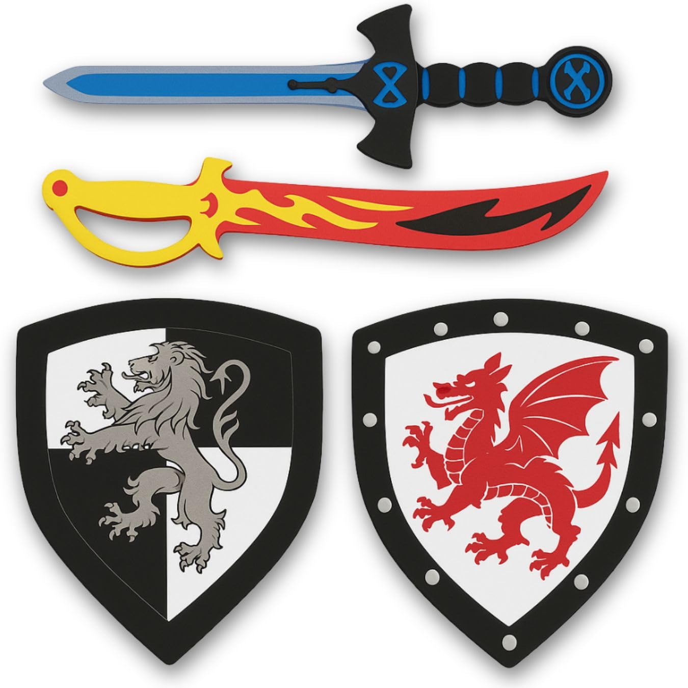 Liberty Imports 4 PCS Dual Foam decorative replica blade and Shield Combo Playset - Medieval Combat Warrior   Joust Dragon Knights Lightweight Set Costume Role Play Accessories for Kids  Boys  Girls