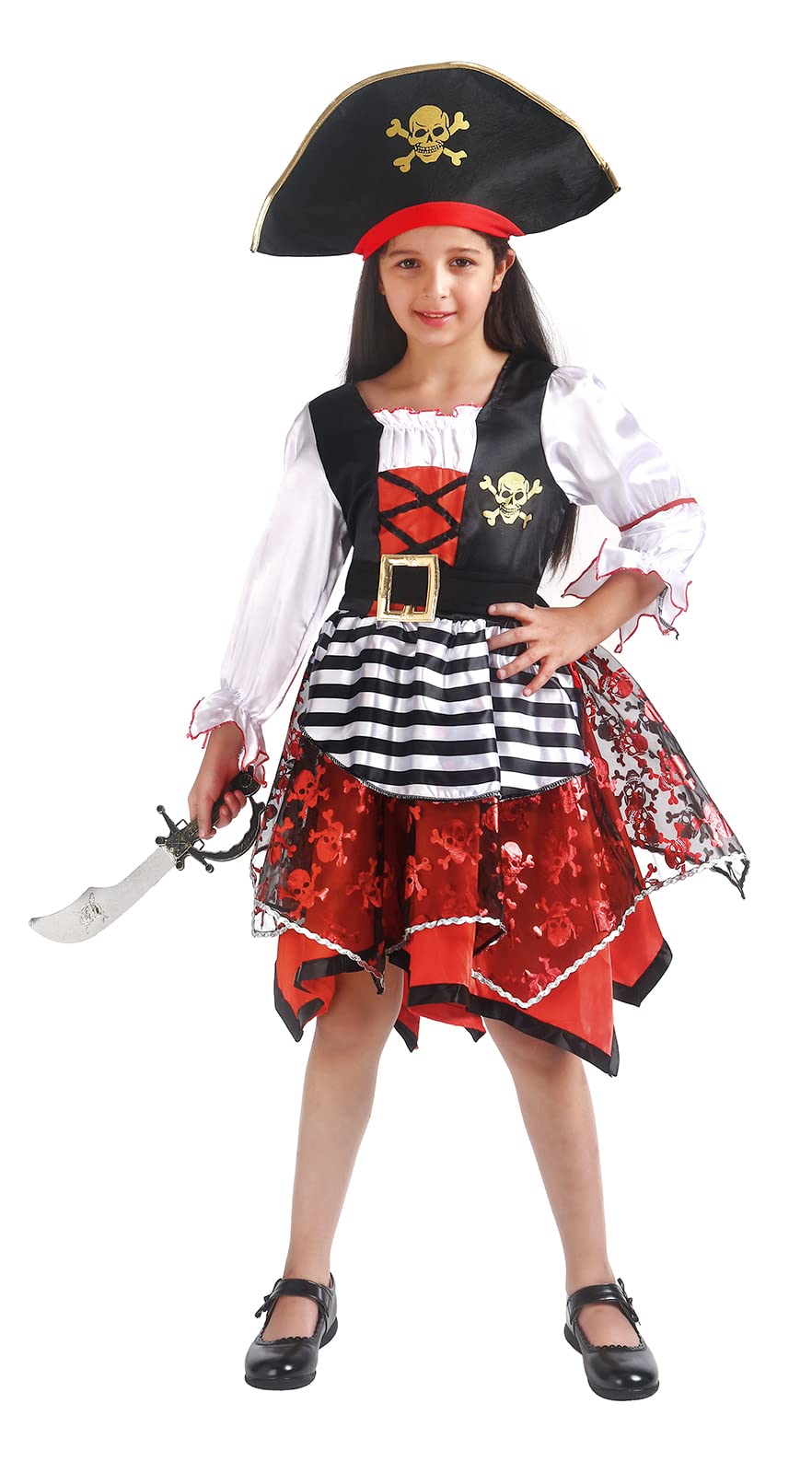 Frekuyrt Girl Pirate Costume Buccaneer Princess Costume Halloween Party Dress Up (7-9 Years)