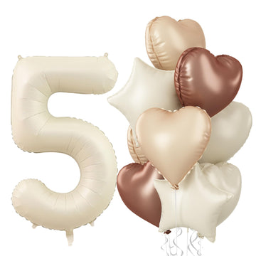 5Th Birthday Balloons Decor, Cream Apricot Brown Tan Helium Number 5 Balloon Heart Balloon, Neutral Beige Sand White Nude Foil S