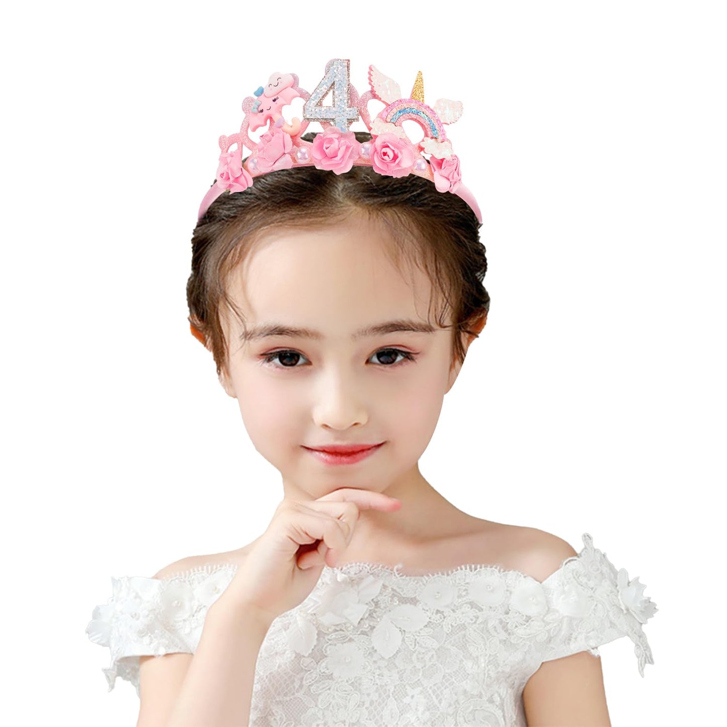 SuPoo 4th Birthday Headband Flower Crown for Girls Princess Tiara Decorations Hair Band Cute 4 Year Old Party Accessory