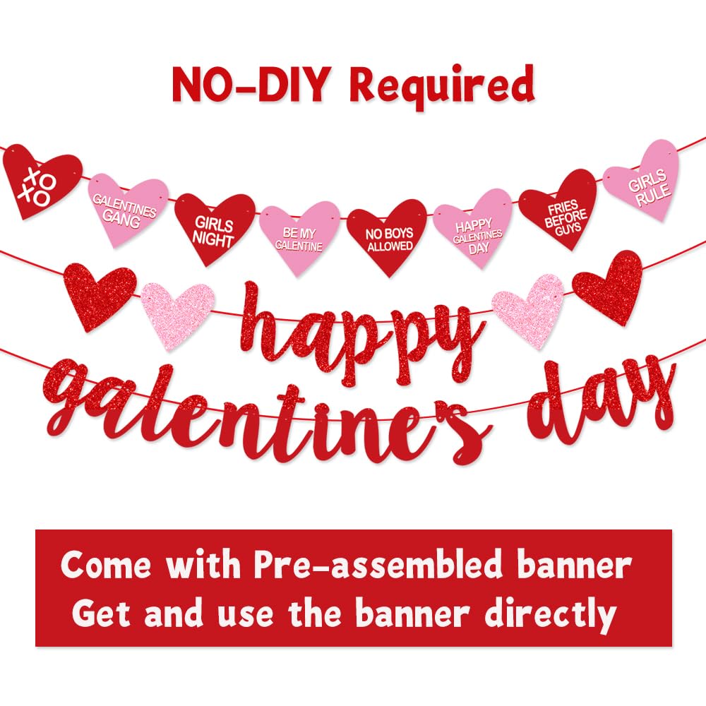 Happy Galentines Day Banner, Red Glittery Galentines Day Decorations with Heart Garland Hanging Swirls, Ladies Girls Happy Vale