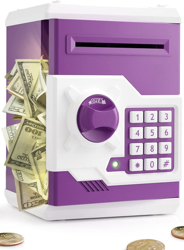 Piggy Bank For Girls Boys Large Electronic Money Coin Banks With Password Protection, Automatic Paper Money Scroll Saving Box, Great Gift For Kids (Purple-White)