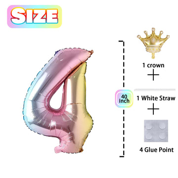 4 Number Balloon Rainbow 40 Inch Big Foil Crown Helium 4Th Balloons For 4 Year Old Boy Girl Birthday Party Decorations Wedding A