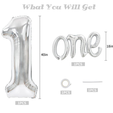 Toniful 40 Inch Giant Silver Number 1 Balloon,Mylar Foil Script Cursive Letter 1 Balloon Banner For Boys Girls Kids First Birthd