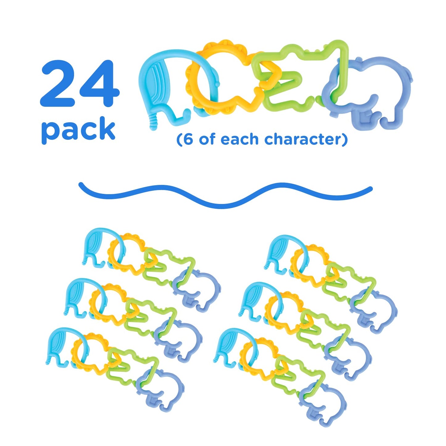 Nuby Animal Click Linkables - 24 Colorful Silicone Links for Strollers & Car Seats, 3+ Months