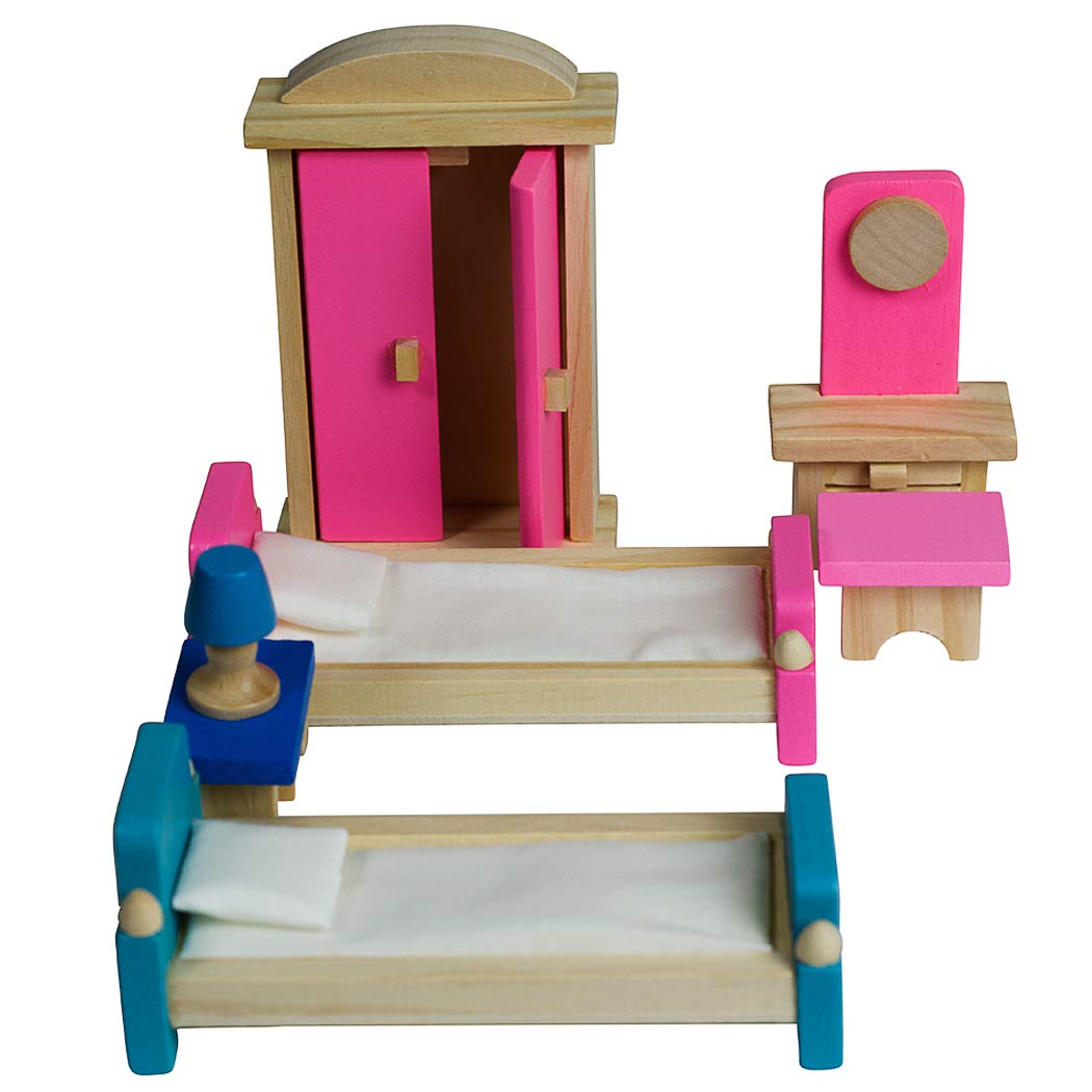 Seanmi Wooden Dollhouse Furniture - 5 Sets, 1:12 Scale Doll House Furnishings, 35 Pieces Of Dollhouse Accessories (Living Room, Kitchen, Dining Room, Bedroom, Bathroom)