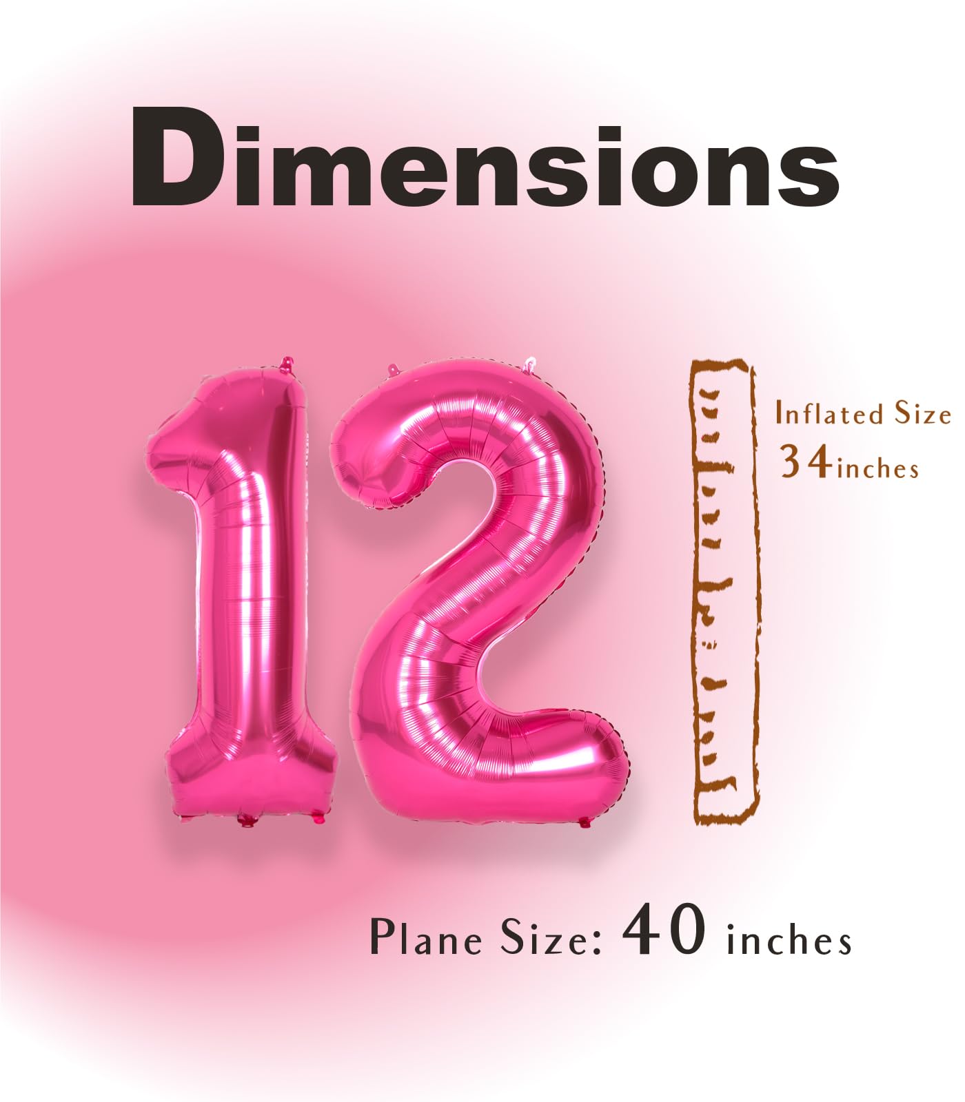 Suwen 40 Inch Hot Pink Large 12 Number Balloons Big Foil Helium Number Balloons 0-9 Jumbo Happy 12Th Mylar Birthday Party Decora