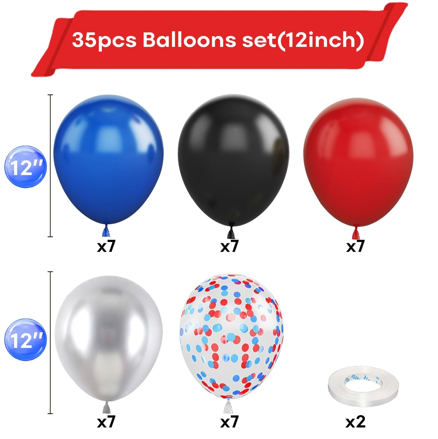 Red Blue Black Balloon, 12 Inch Matte Red Black And Royal Blue Latex Balloon With Confetti Balloons For Spider Theme Birthday Pa