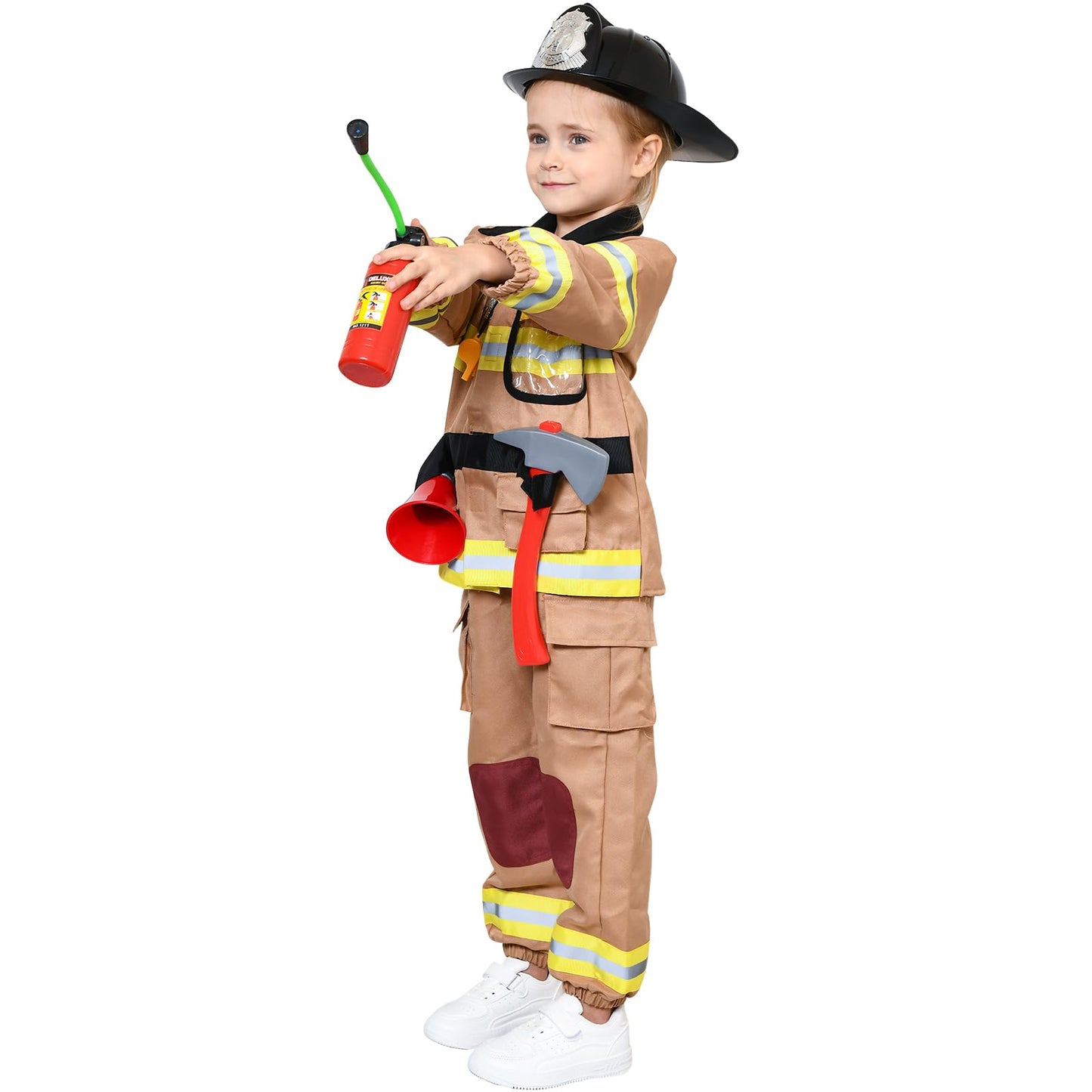 Tacobear Firefighter Costume for Kids, Brown, M (7-8Y), Polyester, Complete Accessories, Dress Up Toy for Birthday & Halloween