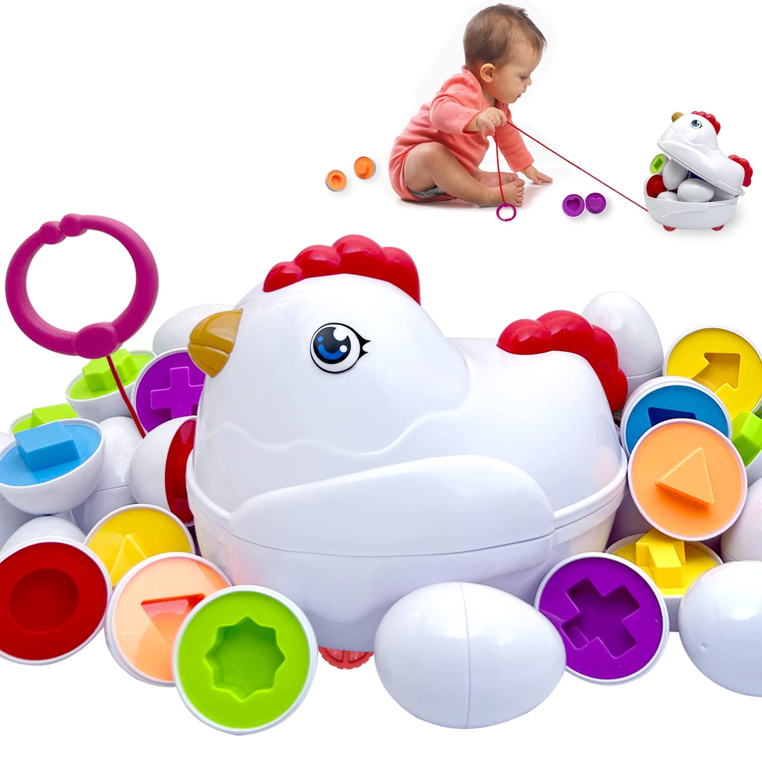Easter Matching Eggs Toddler Toy With Push & Pull Chicken Box, 12 Pcs Montessori Sorter Learning Educational Toy, Multiple Shape