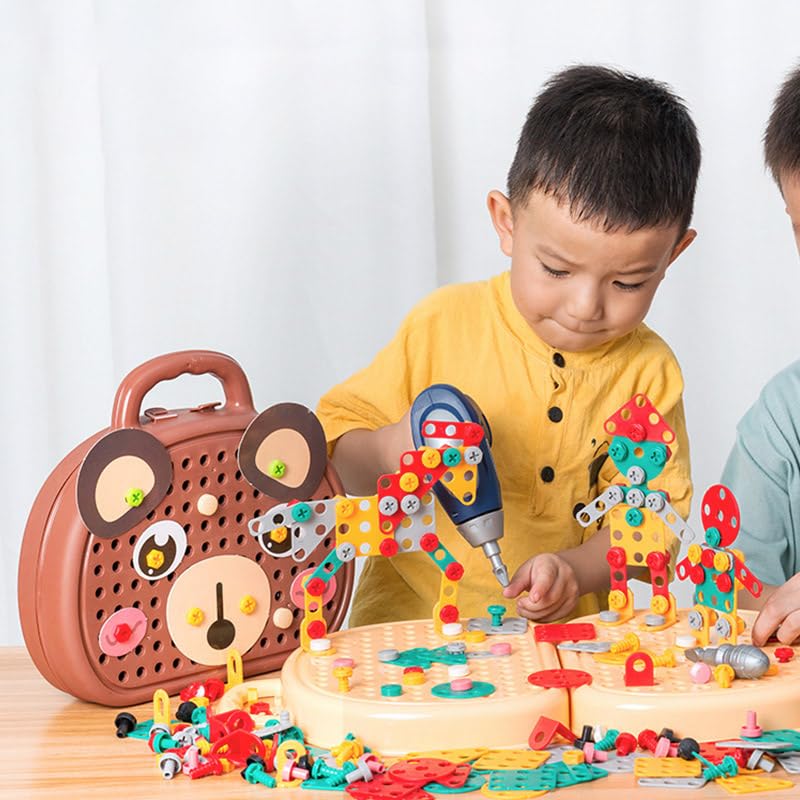 OFIGAS Magic Montessori Play Toolbox, Magic Montessori Play Toolbox Bear, 204 PCS Creative Mosaic Puzzle Toy with Electric Drill