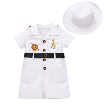 ODOLDI Wild One Birthday Outfit Girl Short Sleeve Khaki Safari Jumpsuit with Safari Hat Baby Boy Safari Outfit Zookeeper Outfit 
