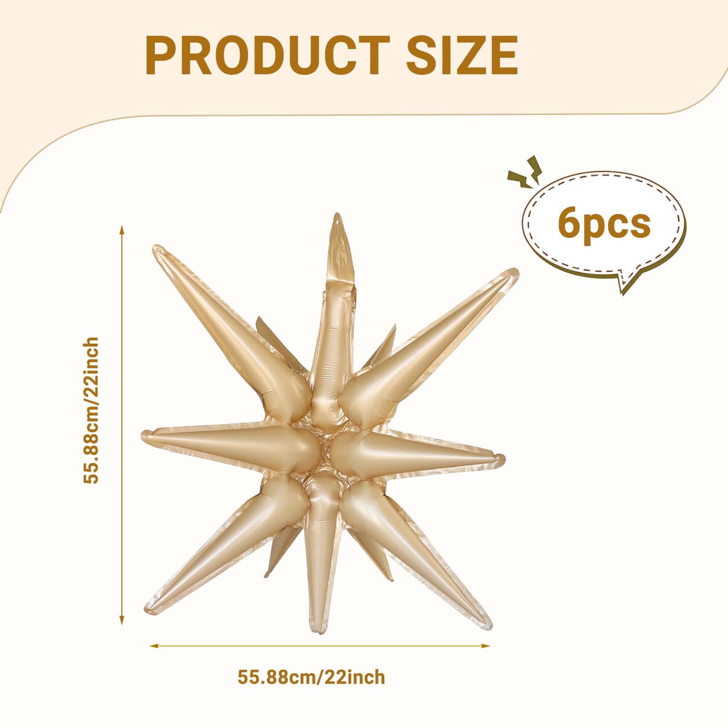 6 Pcs Caramel Colour Star Foil Balloons One-Piece 14-Pointed Star Balloons 4D Starburst Cone Mylar Balloons 22Inch Christmas Bir